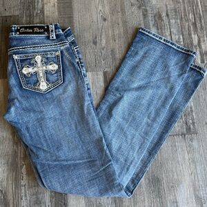 Women's Medium Blue Boot Cut Jeans with Embellished Cross Pocket